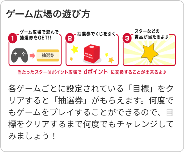 各ゲームごとに設定されている「目標」をクリアすると「抽選券」がもらえます。何度でもゲームをプレイすることができるので、目標をクリアするまで何度でもチャレンジしてみましょう！
