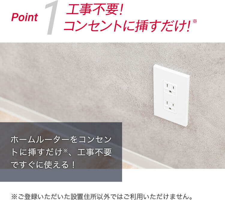 Point1 工事不要！コンセントに挿すだけ！ ホームルーターをコンセントに挿すだけ、工事不要ですぐに使える！