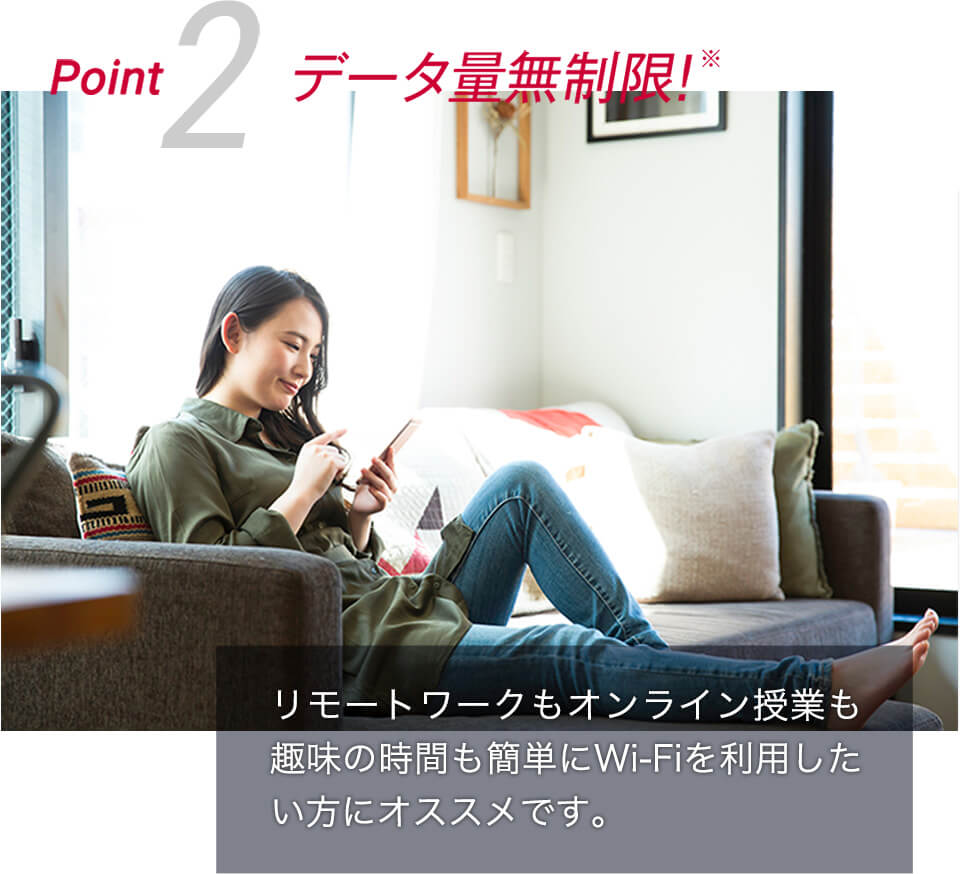 Point2 データ量無制限！ データ量無制限※でネット使い放題！リモートワークもオンライン授業も趣味の時間も簡単にWi-Fiを利用したい方にオススメです。