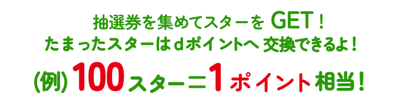 抽選券を集めてスターをGET！たまったスターはdポイントへ交換できるよ！(例)１０スター=１ポイント相当！